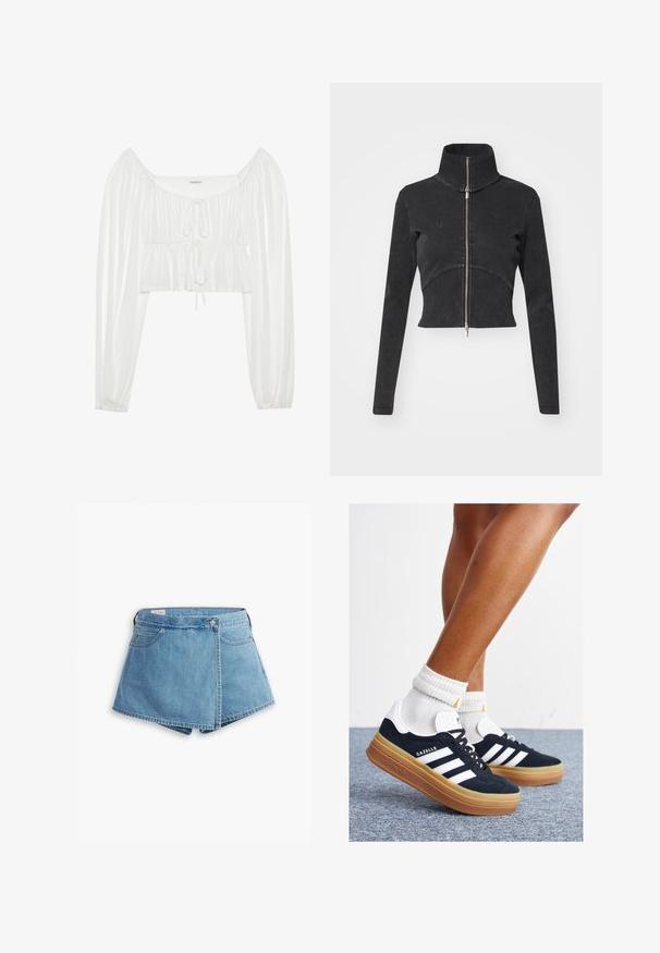 Lyhyeksi leikattu musta farkkutakki, jossa on korkea kaulus, täysipitkä vetoketju ja pitkät hihat. Siinä on kaareva saumakuviointi ja hienovarainen tekstuuri.; Valkoinen lyhytblousi, jossa on pitkät, pörröiset hihat. Edessä rypytetty yksityiskohta ja nauhaketju kauluksessa. Silkkinen, kevyt kangas.; Vaaleansiniset farkkushortsit, joissa on vyötäröltä kietoutuva muotoilu, etutaskut ja metallinappikiinnitys. Tasainen pinta, jossa on ommellut reunat.; Musta mokkanahkainen tennari, jossa valkoiset raidat ja yksityiskohdat, pyöreä kärki, purukumipohja, yhdistetty valkoisiin ribbineuleisiin nilkkasukkiin.