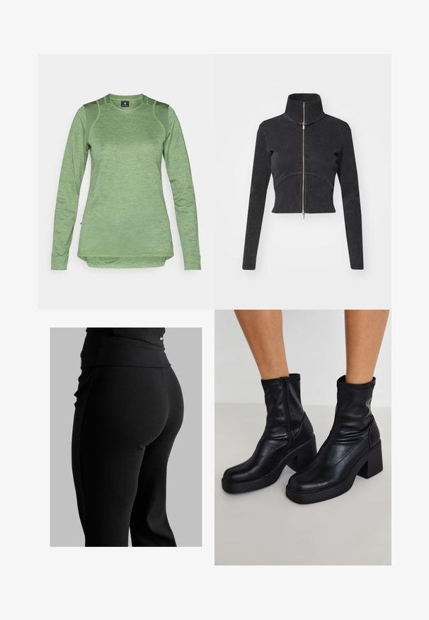 Lühendatud must denimpusa kõrge kraega, täispikkuse tõmblukuga ja pikkade varrukatega. Omab kõverat õmbluse disaini ja peent tekstuuri.; Kerge rohelise värvi pikkade varrukatega sportlik särk, mis on valmistatud tekstuuriga kangast ja millel on võrkpaneelid õlgadel. Särgil on ümar alläär ja ümar kaelus.; Mustad ribatöötlusega retuusid, millel on kõrge vöökoht, keha lähedane lõige ja sile tekstuur. Vöökoht sisaldab peent riistvara detaili.; Mustad mustad nahast jalatsis dõst üheste plokkniski, külje lukuga, sileda tekstuuri ja kitseneva varbaga disainiga.