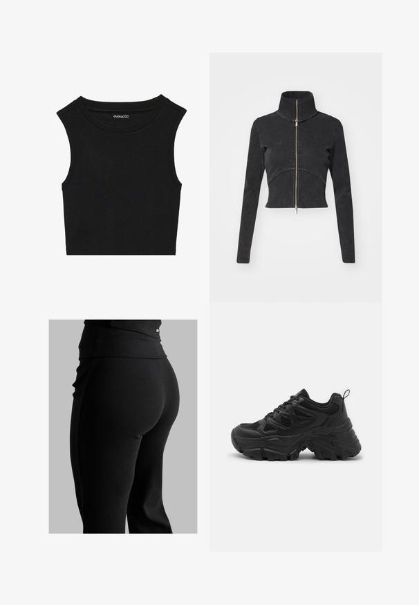 Giacca in denim nero tagliata con colletto alto, zip intera e maniche lunghe. Presenta un design a cucitura curva e una texture sottile.; Top corto senza maniche di colore nero con una texture a coste. Presenta una scollatura rotonda e ampie cuciture sulle spalle. Realizzato in un tessuto elasticizzato.; Leggings neri a coste con vita alta, forma aderente e texture liscia. Include un sottile dettaglio in metallo sulla vita.; Scarpe da ginnastica nere con tomaia in mesh testurizzato, suola in gomma curva e motivo di battistrada prominente. Presentano lacci integrati e un tassello per il sollevamento.