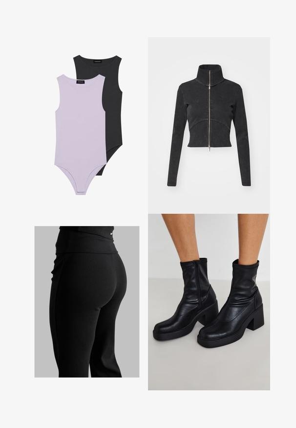 Skrajšana črna denim jakna z visokim ovratnikom, polnim zadrgo in dolgimi rokavi. Ima oblikovan šiv in subtilno teksturo.; Dva bezrokavnika: en v svetlem lavandula, drugi v temno sivi. Narejena iz mehke tkanine z okroglim izrezom in prilegajočim krojem.; Črne rebraste leggins hlače z visokim pasom, obliko, ki se prilega telesu, in gladko teksturo. Vključujejo subtilne podrobnosti z dodatno opremo na pasu.; Črne usnjene gležnjarje z visokim blokastim petam, z stranskim zadrgo, gladko teksturo in koničastim oblikovanjem prstov.
