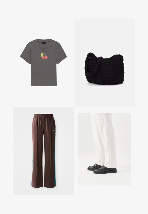 Lühendatud must denimpusa kõrge kraega, täispikkuse tõmblukuga ja pikkade varrukatega. Omab kõverat õmbluse disaini ja peent tekstuuri.; Halli soonikupliga hall triibuline T-särk, mille rinnal on väike tikand kirsi ja lehtedega.; Pruunid spordipüksid, millel on soonikkoes, elastne vöökoht ja türkiissinised külje triibud. Esiosas on adidas logo.; Mustad musta nahast loafers, millel on sile tekstuur, õmblustäiendused ja ümar nina, koos valgete kohandatud pükstega.; Must mustkott, millel on tekstuuriga tikitud muster. Ümar kuju, lühikesed ja jämedad sangad ning pehme, paindlik struktuur.