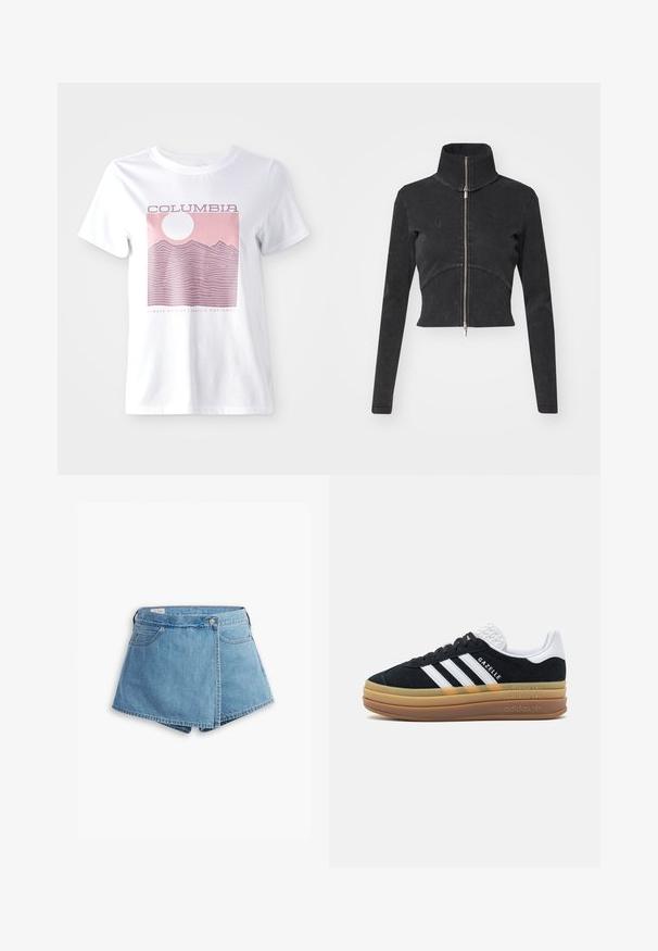 Izgriezta melna džinsu jaka ar augstu apkakli, pilnu rāvējslēdzēju un garām piedurknēm. Iezīmējas ar izliekto šuvju dizainu un smalku tekstūru.; Balts kokvilnas T-krekls ar rozā kalnu grafiku, sauli un tekstu "COLUMBIA" un "ALWAYS OUTSIDE | PACIFIC NORTHWEST."; Gaiši zili džinsu šorti ar aptverošu dizainu, priekšējām kabatām un metāla pogu aizdari. Gluda tekstūra ar izšūtām malām.; Melna zamšāda kedā ar baltām akcentu un trim svītrām, ar teksturētu baltu papēdi, gumijas zoli un "Gazelle" zīmolu.