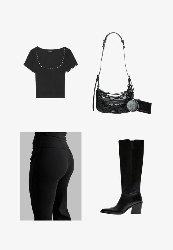 Cropped black denim jacket with a high collar, full zipper, and long sleeves. Features a curved seam design and subtle texture.; Black ribbed short-sleeve top with a wide scoop neckline, accented with silver studs along the neckline and sleeves.; Black ribbed leggings featuring a high waistband, form-fitting shape, and smooth texture. Includes subtle hardware detail on waistband.; Black knee-high boots made of smooth leather, featuring a pointed toe, a block heel, and a V-shaped cutout at the top.; Black synthetic leather handbag featuring a curved design, zippered front pocket, and decorative hardware with a detachable round coin pouch.