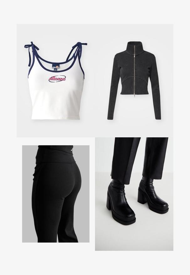 Przycięta czarna kurtka dżinsowa z wysokim kołnierzem, pełnym zamkiem i długimi rękawami. Posiada krzywą linię szwu i subtelną fakturę.; Biały crop top z granatowymi ramiączkami, z haftowanym logo "ellesse" w kolorze różowym. Gładki materiał, regulowane sznureczki na ramionach.; Czarne prążkowane legginsy z wysokim stanem, dopasowanym krojem i gładką teksturą. Zawierają subtelną metalową ozdobę na pasku.; Czarne skórzane botki na platformie z wysokim obcasem w kształcie słupka i gładką teksturą. Zawierają przeszycia dekoracyjne oraz dopasowany krój cholewki.