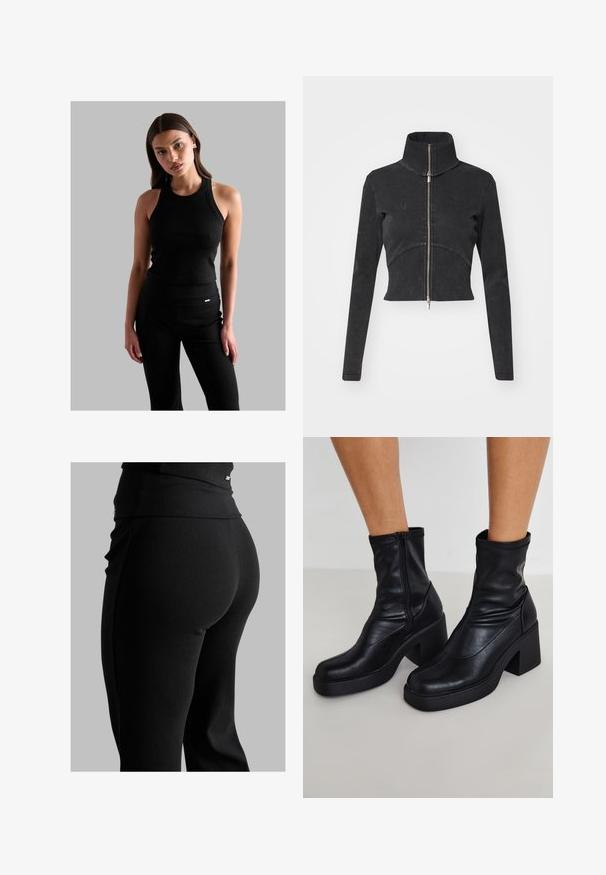 Zkrácená černá džínová bunda s vysokým límcem, plným zipem a dlouhými rukávy. Má zakřivený šev a jemnou strukturu.; Černé žebrované tílko s kulatým výstřihem, přiléhavý střih a tenké ramínka, v kombinaci s černými kalhotami s vysokým pasem, které mají malé logo.; Černé žebrované leginy s vysokým pasem, přiléhavým střihem a hladkou texturou. Obsahují jemný kovový detail v pase.; Černé kožené kotníkové boty s vysokým blokovým podpatkem, bočním zipem, hladkým povrchem a špičatým tvarem.