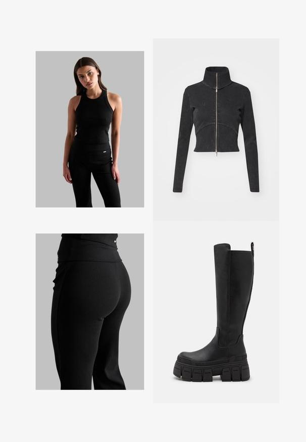 Skraćena crna traper jakna s visokim ovratnikom, punim zatvaračem i dugim rukavima. Ima dizajn zakrivljenih šavova i suptilnu teksturu.; Crna rebrasta majica bez rukava s okruglim izrezom, prilagođenog kroja i tankim naramenicama, u kombinaciji s crnim hlačama visokog struka koje imaju mali logo detalj.; Crne rebraste tajice s visokim pojasom, oblikom koji se lijepo prilagođava tijelu i glatkom teksturom. Uključuju diskretan detalj od hardvera na pojasu.; Buffalo GOSPHER STRETCH BOOT - Čizme s platformom - black