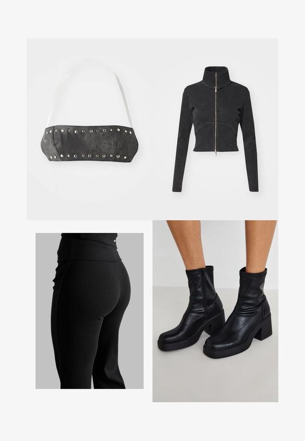 Cropped black denim jacket with a high collar, full zipper, and long sleeves. Features a curved seam design and subtle texture.; Black faux leather bandeau with silver metal studs along the front edge; features white adjustable straps. Smooth texture, structured shape.; Black ribbed leggings featuring a high waistband, form-fitting shape, and smooth texture. Includes subtle hardware detail on waistband.; Black leather ankle boots with a high block heel, featuring a side zipper, smooth texture, and a tapered toe design.
