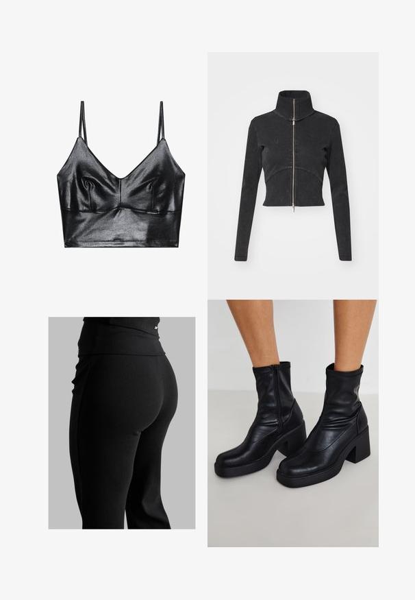 Geknipte zwarte denimjasje met hoge kraag, volledige rits en lange mouwen. Bevat een gebogen naadontwerp en subtiele textuur.; Zwarte, glanzende bralette met dunne verstelbare bandjes, met een V-halslijn, een gladde textuur en subtiele plooitjes bij de buste voor vorm.; Zwarte geribde leggings met een hoge tailleband, een strak gevormde pasvorm en een gladde textuur. Bevat subtiele hardwaredetails op de tailleband.; Zwarte leren enkellaarsjes met een hoge blokhak, voorzien van een zijrits, een zachte textuur en een taps toelopende tekening.