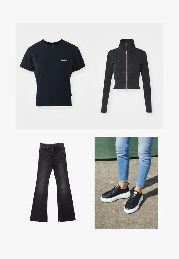 Skraćena crna traper jakna s visokim ovratnikom, punim zatvaračem i dugim rukavima. Ima dizajn zakrivljenih šavova i suptilnu teksturu.; Crna pamučna majica s kratkim rukavima, okruglim izrezom i malim bijelim izvezenim logotipom na prsima. Klasičan, prilagođen dizajn.; Crne traperice s raširenim nogavicama i sirovim rubom, s dizajnom od pet džepova i zatvaranjem na gumb. Izrađene su od čvrste, teksturirane tkanine.; Crne kožne tenisice s bijelim gumenenim potplatima, s glatkom završnom obradom, zaobljenim vrhom i ravnim vezicama. Nosite ih s svijetloplavim trapericama.
