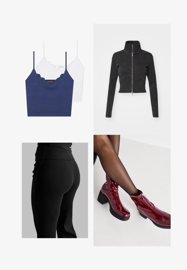 Kappet svart denimjakke med høy krage, hel glidelås og lange ermer. Har buet sømdesign og subtil tekstur.; Marineblå og hvit bomull brystholder-sett med scallop-kant, tynne justerbare stropper og en kroppsnær passform. Logomerke på innsiden av den marineblå delen.; Svarte ribbede leggings med høy midje, tilpasset fasong og glatt tekstur. Inkluderer diskret hardware-detalj på midjebåndet.; Røde lakkankelstøvler med en kraftig svart hel og glidelåsdetalj. Glatt tekstur, strømlinjeformet design med rund tå.