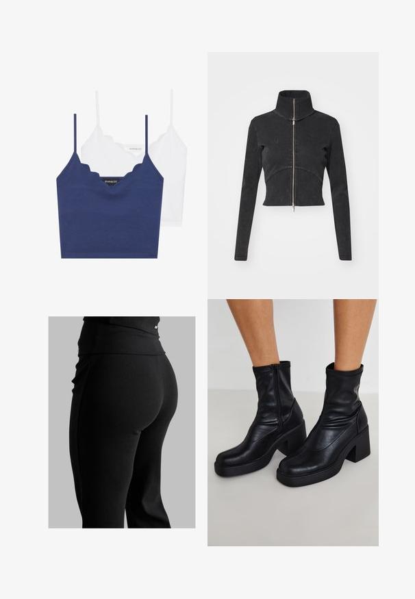 Giacca in denim nero tagliata con colletto alto, zip intera e maniche lunghe. Presenta un design a cucitura curva e una texture sottile.; Set di bralette in cotone navy e bianco con scollo a scallop, spalline sottili e design aderente. Etichetta con logo sul lato interno del pezzo navy.; Leggings neri a coste con vita alta, forma aderente e texture liscia. Include un sottile dettaglio in metallo sulla vita.; Stivali alla caviglia neri in pelle con tacco a blocco alto, dotati di una cerniera laterale, texture liscia e design a punta affusolata.