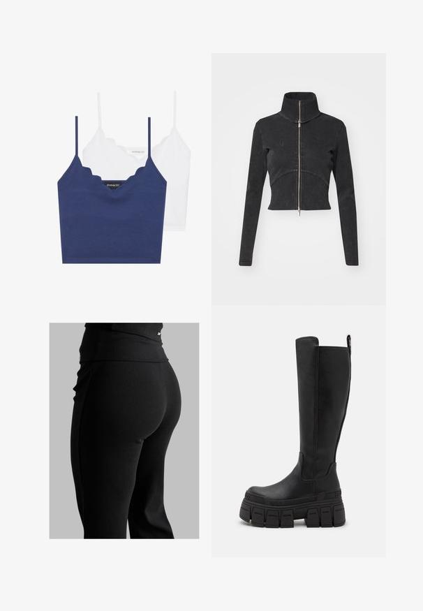 Giacca in denim nero tagliata con colletto alto, zip intera e maniche lunghe. Presenta un design a cucitura curva e una texture sottile.; Set di bralette in cotone navy e bianco con scollo a scallop, spalline sottili e design aderente. Etichetta con logo sul lato interno del pezzo navy.; Leggings neri a coste con vita alta, forma aderente e texture liscia. Include un sottile dettaglio in metallo sulla vita.; Buffalo GOSPHER STRETCH BOOT - Stivali con plateau - black