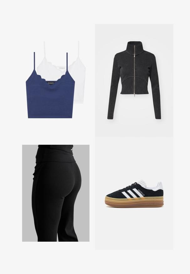 Zkrátená čierna denimová bunda s vysokým golierom, plným zipsom a dlhými rukávmi. Obsahuje zakrivený ševový dizajn a jemnú textúru.; Námornícka a biela bavlnená podprsenka s okrajom s vlnkami, tenkými nastaviteľnými ramienkami a priliehavým strihom. Logo štítok na vnútornej strane námorníckeho kúsku.; Čierne rebrované legíny s vysokým pásom, priliehavým strihom a hladkou textúrou. Obsahujú jemný detail so zapínaním na páse.; Čierne semišové tenisky s bielymi akcentmi a tromi prúžkami, s textúrovaným bielym opätkom, gumovou podrážkou a brandingom "Gazelle".