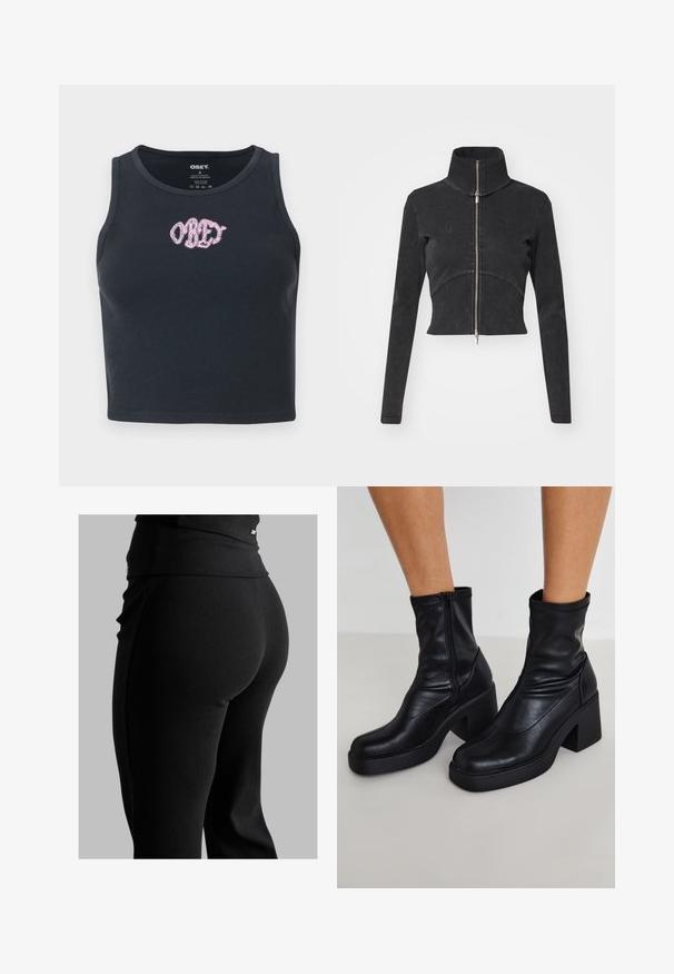 Izgriezta melna džinsu jaka ar augstu apkakli, pilnu rāvējslēdzēju un garām piedurknēm. Iezīmējas ar izliekto šuvju dizainu un smalku tekstūru.; Melns ribots īsais topiņš no kokvilnas ar apaļu izgriezumu un rozā izšūtu "OBEY" logotipu krūtīs.; Melni ribētu legingi ar augstu jostasvietu, pieguļošu formu un gludu tekstūru. Iekļauti smalki detaļas pie jostasvietas.; Melni ādas potītes zābaki ar augstu blokveida papēdi, ar sānu rāvējslēdzēju, gludu tekstūru un sašaurinātu purngalu.