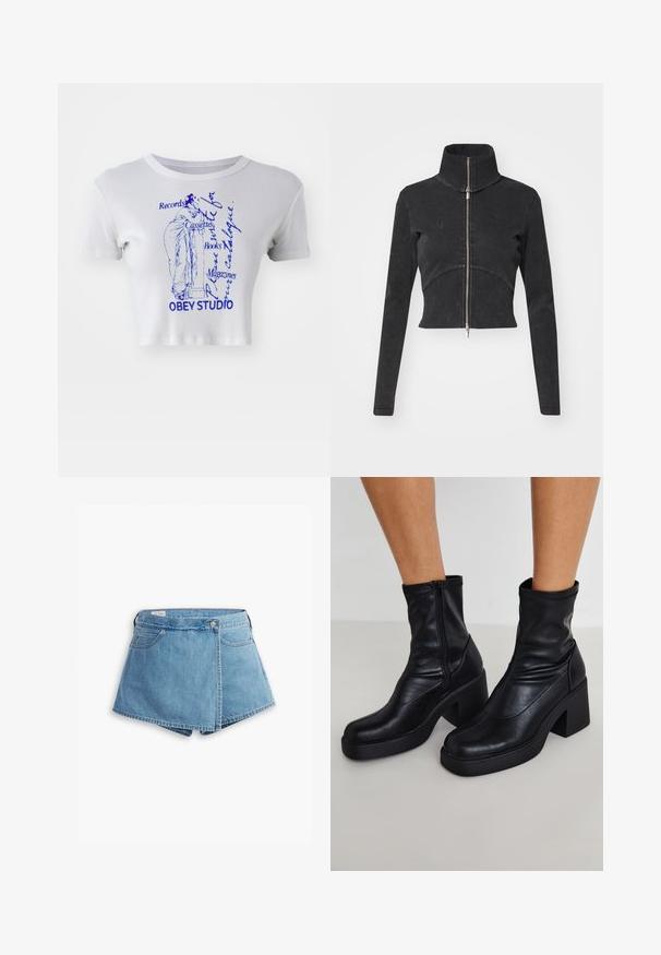Rövidített fekete farmerdzseki magas gallérral, teljes cipzárral és hosszú ujjal. Ívelt varrásdizájn és finom textúra jellemzi.; Fehér bordázott rövid top kék grafikai nyomattal, amely egy klasszikus alakot és szöveget ábrázol, a "OBEY STUDIO" márkanevével kiemelten feltüntetve.; Világoskék farmer rövidnadrág, csavart kialakítással, elülső zsebekkel és fémből készült gombos záródással. Sima textúra, varrott szélekkel.; Fekete bőr bokacsizma magas blokk sarkakkal, oldalsó cipzárral, sima textúrával és hegyes orrformával.