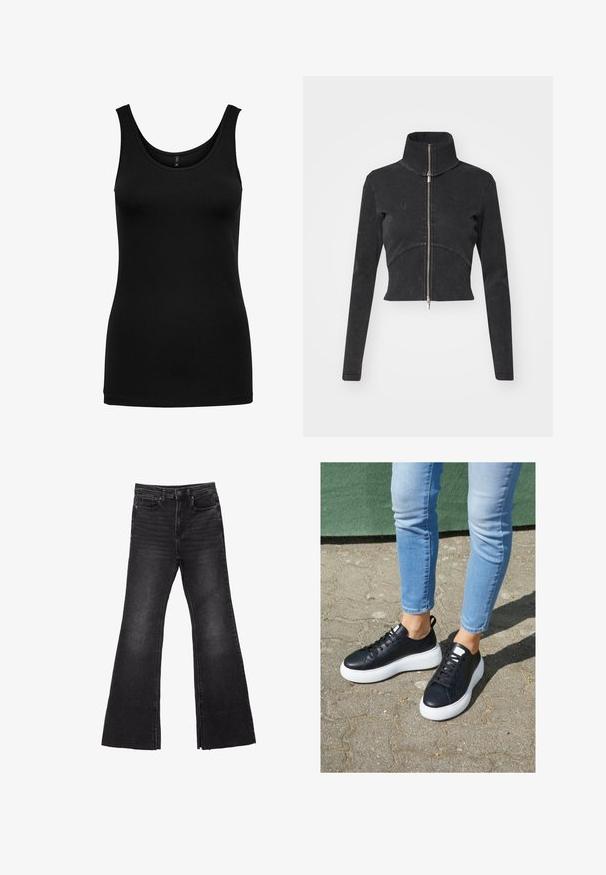 Geschnittene schwarze Jeansjacke mit hohem Kragen, vollem Reißverschluss und langen Ärmeln. Verfügt über ein gewelltes Nahtdesign und subtile Textur.; Schwarzes Tanktop aus weichem, dehnbarem Stoff; verfügt über einen Rundhalsausschnitt und eine figurbetonte Silhouette ohne zusätzliche Muster oder Verzierungen.; Schwarze, ausgestellte Denim-Jeans mit rohem Saum, ausgestattet mit einem Fünf-Taschen-Design und einem Knopfverschluss. Hergestellt aus einem robusten, strukturierten Stoff.; Schwarze Ledersneaker mit weißen Gummisohlen, die eine glatte Oberfläche, eine abgerundete Spitze und flache Schnürsenkel aufweisen. Getragen mit hellblauen Jeans.