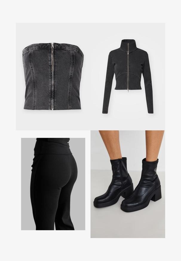 Kappet svart denimjakke med høy krage, hel glidelås og lange ermer. Har buet sømdesign og subtil tekstur.; Svart denim strapless topp med en tettsittende design, vertikale sømmer og en sentral glidelås lukking bak. Glatt tekstur.; Svarte ribbede leggings med høy midje, tilpasset fasong og glatt tekstur. Inkluderer diskret hardware-detalj på midjebåndet.; Sorte lær ankle støvler med en høj blokhæl, med en sidelukning, glat tekstur og en spids tådesign.