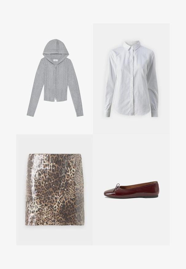 Heled halli lukuga kapuutsiga sviiter, millel on soonikuga krae ja varrukad, samuti nõela kudumise mustrid ja sile tekstuur. Ideaalne kihiliseks kandmiseks.; Valge nööpidega särk, mis on valmistatud siledast puuvillast. Särgil on klassikaline krae, pikad varrukad ja kaarduv äär. Nöödid on väikesed ja valged.; Leopardimustriga mini-seelik, mis on valmistatud tekstuursetest materjalidest, hõbedased sädelused rõhutavad loomamustrit ja seelikul on voolav lõige.; Burgundi patendnahk kingad balletitüüpi, ümmarguse ninaosa, ees väike paelaaktsent ja madal must kummist tald. Sile tekstuur.