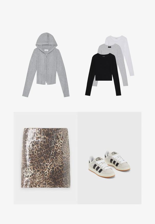 Hanorac cu fermoar, de culoare gri deschis, cu glugă, având modele tricotate în cablu, tiv rib platformat și manșete rib. Perfect pentru stratificare.; Trei bluze cu mânecă lungă așezate: neagră, gri și albă. Fiecare are un guler rotund și un design scurt, realizat dintr-un material fin și ușor.; Fustă mini cu imprimeu de leopard, realizată dintr-un material texturat, având paiete argintii care accentuează modelul animal, cu o siluetă ajustată.; Adidași din suede gri cu șireți albi, dungi negre și talpă din cauciuc alb. Prezintă un logo circular pe limbă și o talpă din cauciuc.