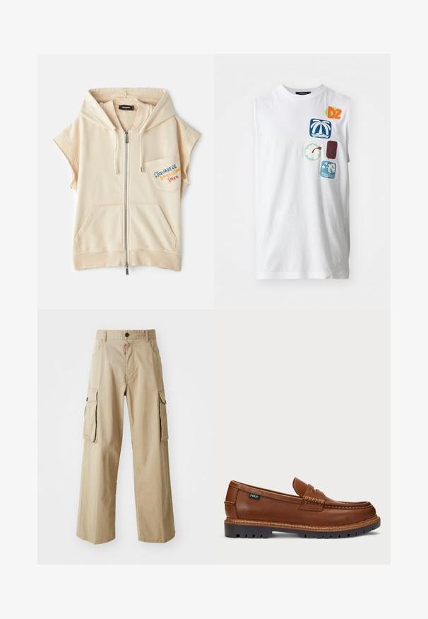 Beige zipová mikina s krátkým rukávem, klokanními kapsami a vyšitým logem na hrudi. Měkká tkanina s hladkým povrchem.; Bílý bezrukávový bavlněný tričko s barevnými grafickými nášivkami, včetně palem, květin a abstraktních vzorů v modré, zelené a červené barvě.; Béžové cargo kalhoty vyrobené z bavlny, s širokými nohavicemi, dvěma velkými bočními kapsami a zapínáním na knoflík v pase.; Hnědé kožené mokasíny s dekorativním prošíváním a texturovanou špičkou. Podešev má robustní design, který poskytuje trakci a odolnost.