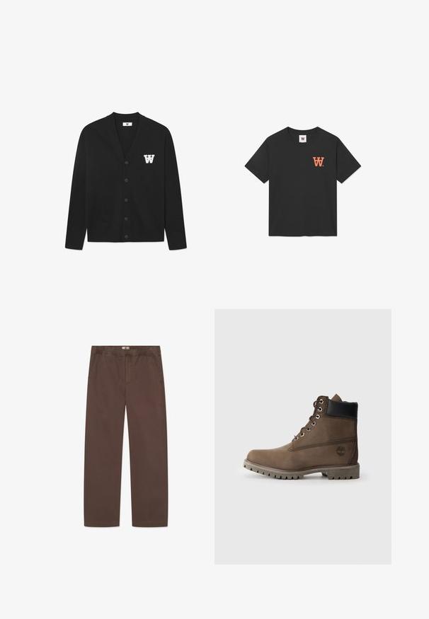 DOUBLE A BY W.W. WWTAY CARDIGAN 25081 - Cardigan - black; Black cotton t-shirt featuring short sleeves, a crew neck, and an orange "W" logo on the left chest. Soft, smooth texture.; DOUBLE A BY W.W. LAX - Relaxed fit jeans - delicioso; Brown leather ankle boot with black collar, metal eyelets, and rugged gray sole. Features logo on side and stitched detailing.