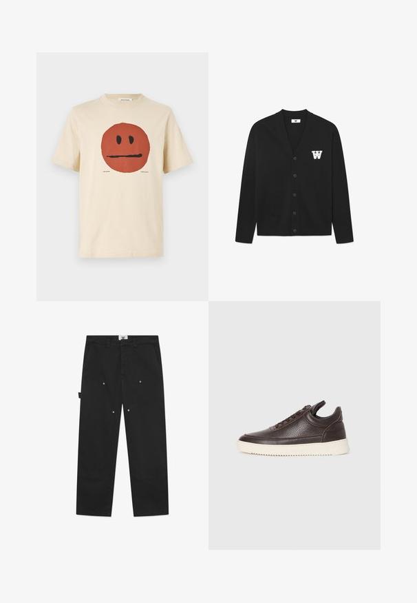 DOUBLE A BY W.W. WWTAY CARDIGAN 25081 - Jopica - black; Bež majica iz bombaža s velikim rdečim okroglim grafičnim motivom z nevtralnim izrazom obraza, kratkimi rokavi in okroglim izrezom.; Črne bombažne hlače imajo ravno kroj, opazno šivanje, stranske žepe in kovinske gumbne detajle na sprednjih panelih.; Temno rjava textured usnjena superga z vezalkami in belim rebrastim gumijastim podplatom na enostavni svetli podlagi.
