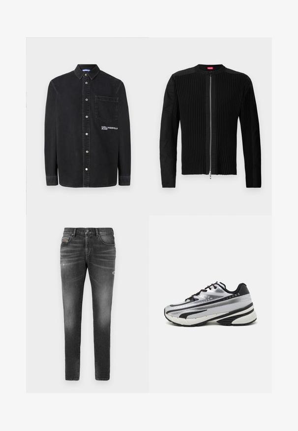 Jachetă neagră cu fermoar frontal, având o textură verticală în dungi și un decolteu rotund. Material moale, cu mâneci lungi și o siluetă ajustată.; Cămașă neagră din denim, cu guler, mâneci lungi, un buzunar frontal și un logo brodat pe piept.; Jeans din denim gri cu o croială ajustată, prezentând ușoare efecte de uzură, detalii distresate și o închidere tradițională cu nasturi.; Pantof cu alergare cu un țesut superior din plasă argintie, accente negre și talpă albă. Dispune de un design texturat și șireturi negre. Ușor și căptușit.