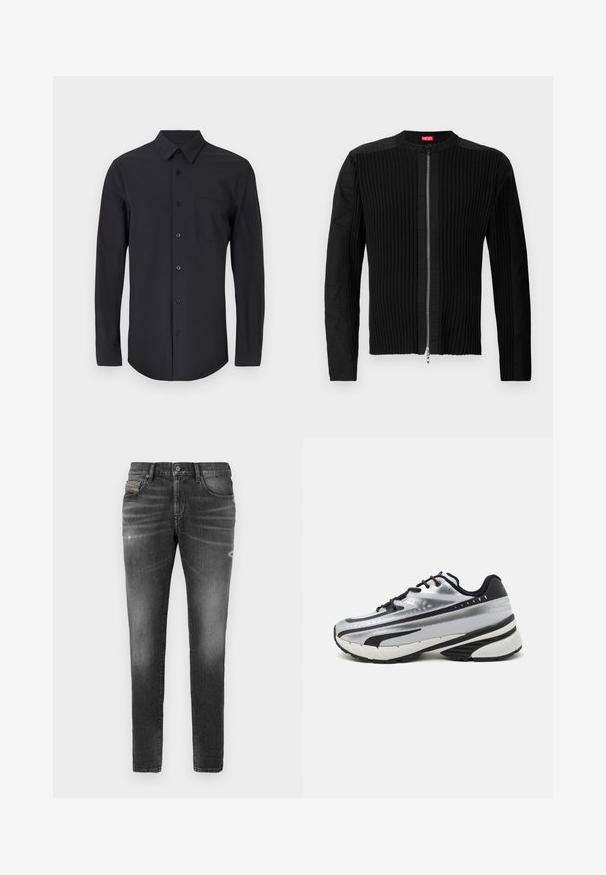 Black zip-front jacket featuring vertical ribbed texture and a round neckline. Soft fabric with long sleeves and a fitted silhouette.; Black long-sleeve shirt in a smooth fabric with a classic collar, button closure, and a chest pocket on the left side.; Gray denim jeans with a slim fit, featuring slight whiskering, distressed details, and a traditional button closure.; Running shoe with a silver mesh upper, black accents, and white sole. Features textured design and black laces. Lightweight and cushioned.