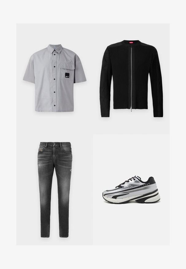 Casaco preto com fecho à frente, apresentando textura ribbed vertical e decote redondo. Tecido suave com mangas longas e silhueta ajustada.; Karl Lagerfeld Jeans BOXY SHIRT - Camisa - monument; Jeans de ganga cinza com um corte justo, apresentando ligeiros efeitos de desgaste, detalhes desgastados e um fecho tradicional de botão.; Sapatilhas de corrida com um upper em malha prateada, detalhes em preto e sola branca. Apresenta um design texturizado e atacadores pretos. Leves e acolchoadas.