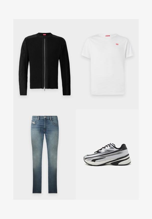 Casaco preto com fecho à frente, apresentando textura ribbed vertical e decote redondo. Tecido suave com mangas longas e silhueta ajustada.; T-shirt de algodão branco com mangas curtas e decote em V. Apresenta um pequeno logótipo vermelho da Diesel no lado esquerdo do peito. Textura suave, corte padrão.; Jeans skinny em um tom azul desbotado, com um design de cinco bolsos, fecho de botão metálico e costura em contraste. Textura ligeiramente desgastada.; Sapatilhas de corrida com um upper em malha prateada, detalhes em preto e sola branca. Apresenta um design texturizado e atacadores pretos. Leves e acolchoadas.