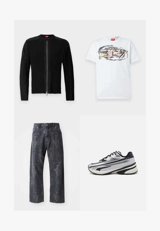 Črna jakna na zadrgo s vertikalno rebrasto teksturo in okroglim izrezom. Mehka tkanina z dolgimi rokavi in prilagojeno silhueto.; Bela bombažna majica s pisanimi, abstraktnimi grafičnimi poudarki v roza, rumeni in sivi barvi, ki je osredotočena na sprednjem delu. Rdeča etiketa na ovratniku.; Temno sivi kavbojke z širokimi nogavicami, ki imajo subtilen tonalen grafični vzorec in klasičen dizajn z petimi žepi. Standardno zapiranje na gumb in zadrgo.; Tekmovalni čevlji za tek z zgornjim delom iz srebrne mreže, črnimi detajli in belim podplatom. Imajo teksturiran dizajn in črne vezalke. Lahki in oblazinjeni.