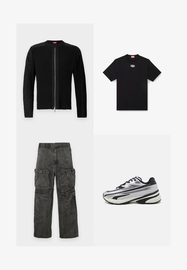 Mustan vetoketjullinen takki, jossa on pystysuunnassa poimuttunut pinta ja pyöreä kaulus. Pehmeä kangas, pitkät hihat ja vartalonmyötäinen leikkaus.; Musta puuvillapaita, jossa on pyöreä kaula-aukko ja lyhyet hihat. Edessä keskellä pieni, hopeinen logo brodeerattuna.; Cargo-housut haalistuneesta mustasta kangasta, joissa on joustava vyötärö, useita sivutaskuja ja hieman pesty pinta.; Juoksukengät, joissa on hopeanvärinen verkkopäällinen, mustat yksityiskohdat ja valkoinen pohja. Varustettu tekstuurilla ja mustilla nauhoilla. Kevyet ja pehmustetut.