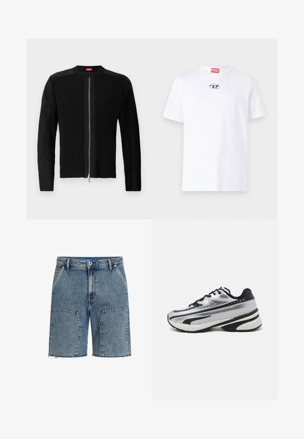 Juodas zip-front švarkas su vertikaliai ryškiu tekstūru ir apvalia apykakle. Minkšta medžiaga, ilgos rankovės ir prigludusi siluetas.; Balta medvilnės marškinėliai su trumpomisRankovėmis, apvaliu iškirpimu ir sidabriniu "Diesel" logotipo pažymėjimu ant krūtinės. Paprastas dizainas, vienos spalvos.; Šviesiai mėlyni džinsiniaišortai su laisvu siluetu, nusidėvėjusiu kraštu ir didelėmis priekinėmis kišenėmis. Pagaminti iš tekstūruoto džinsinio audinio.; Bėgimo bateliai su sidabriniu tinkliniu viršumi, juodais akcentais ir balta padu. Pasižymi tekstūruotu dizainu ir juodais raišteliais. Lengvi ir paminkštinti.