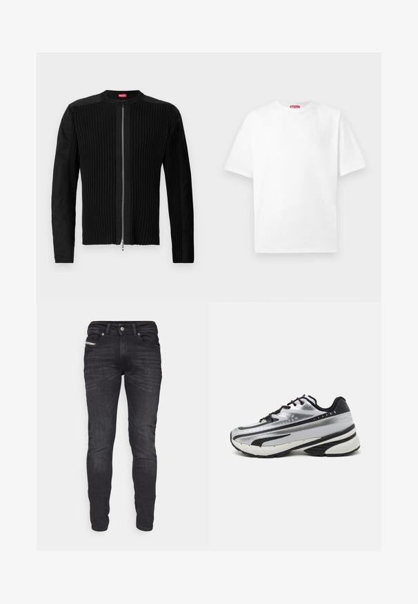 Μαύρο σακάκι με φερμουάρ μπροστά, διακοσμημένο με κατακόρυφη ραφή και στρογγυλή λαιμόκοψη. Μαλακό ύφασμα με μακριά μανίκια και εφαρμοστή γραμμή.; Λευκό βαμβακερό t-shirt με στρογγυλή λαιμόκοψη και κοντά μανίκια. Περιέχει ένα διακριτικό λογότυπο μπροστά και μια κόκκινη ετικέτα στη λαιμόκοψη.; Κοντά και στενά μαύρα τζιν παντελόνια με μπροστινές και πίσω τσέπες, θηλιές ζώνης, κουμπί κλεισίματος και διακριτικά ξεθωριασμένα σημεία.; Αθλητικό παπούτσι τρεξίματος με ασημί πλέγμα επάνω, μαύρες λεπτομέρειες και λευκή σόλα. Διαθέτει υφή στο σχέδιο και μαύρες κορδόνες. Ελαφρύ και με ενίσχυση.
