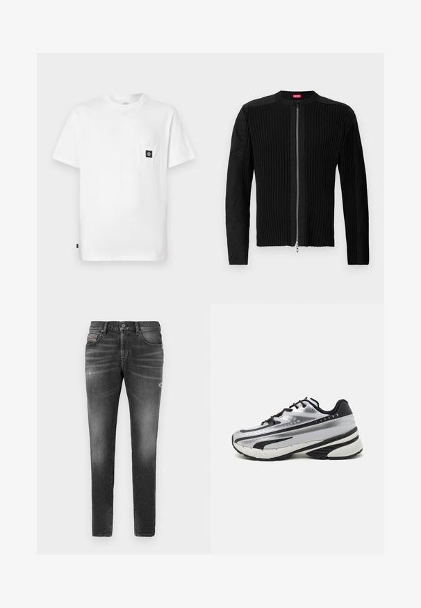 Czarna kurtka na suwak z przodu, z pionowym prążkowanym teksturem i okrągłym dekoltem. Wykonana z miękkiego materiału, z długimi rękawami i dopasowanym fasonem.; Biały bawełniany T-shirt z okrągłym dekoltem, krótkimi rękawami i kieszenią na piersi z czarną naszywką z logo. Gładka tekstura, luźny krój.; Szare dżinsy w slim fit, z delikatnym przetarciem, postarzonymi szczegółami i tradycyjnym zapięciem na guzik.; Buty biegowe z siateczkową cholewką w kolorze srebrnym, czarnymi akcentami i białą podeszwą. Posiadają fakturowany wzór oraz czarne sznurówki. Lekkie i amortyzowane.