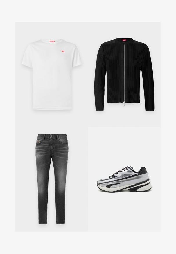 Črna jakna na zadrgo s vertikalno rebrasto teksturo in okroglim izrezom. Mehka tkanina z dolgimi rokavi in prilagojeno silhueto.; Bela bomba iz bombaža s kratkimi rokavi in V-izrezom. Opremljena je z majhnim rdečim logotipom Diesel na levem prsnem delu. Gladka tekstura, standardna prileganja.; Sivi jeans narejen iz denima, z ozkim krojem, ki ima rahlo abrazirane dele, strgane detajle in tradicionalno gumbno zapiranje.; Tekmovalni čevlji za tek z zgornjim delom iz srebrne mreže, črnimi detajli in belim podplatom. Imajo teksturiran dizajn in črne vezalke. Lahki in oblazinjeni.