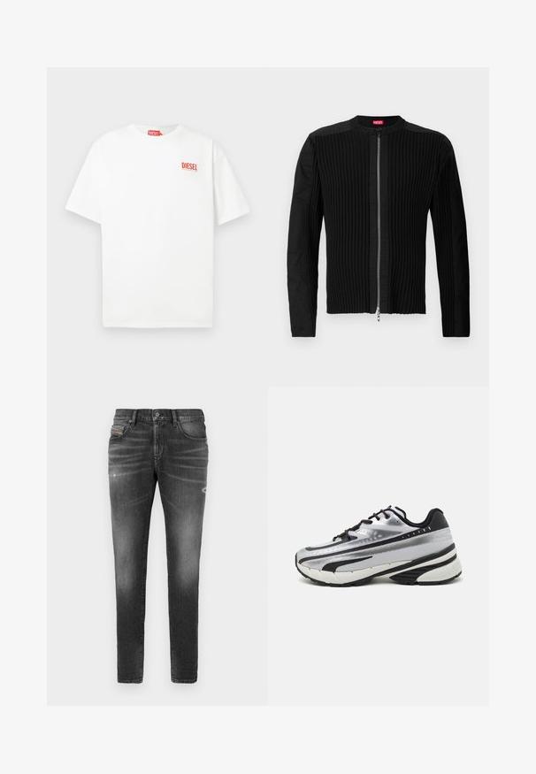 Chaqueta negra con cremallera frontal, que presenta una textura de canalé vertical y un escote redondo. Tejido suave con mangas largas y una silueta ajustada.; Camiseta de algodón blanca de manga corta con un logo rojo de "DIESEL" en el lado izquierdo del pecho, que presenta un corte relajado y un diseño sencillo.; Jeans de mezclilla gris con corte slim, que presentan un ligero desgastado, detalles rasgados y un cierre de botón tradicional.; Zapatilla de running con parte superior de malla plateada, acentos negros y suela blanca. Presenta un diseño texturizado y cordones negros. Ligera y acolchada.