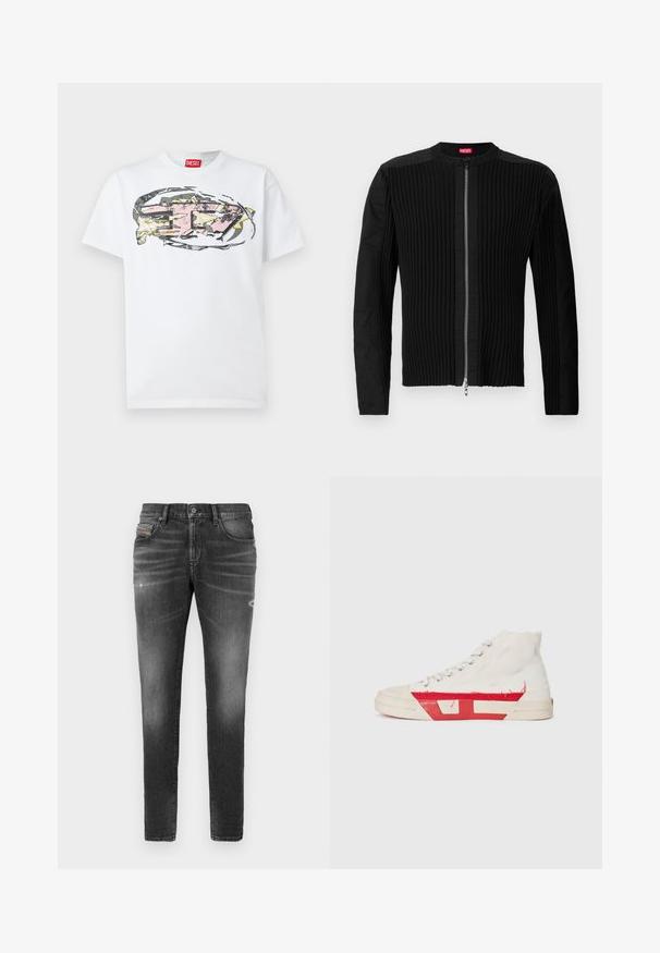 Crna jakna s patentnim zatvaračem sprijeda koja ima vertikalnu rebrastu teksturu i okrugli izrez. Mekani materijal s dugim rukavima i prilagođenim krojem.; Bijela pamučna majica s raznobojnim, apstraktnim grafičkim dizajnom u ružičastoj, žutoj i sivoj boji, smještenim na prednjem dijelu. Crvena oznaka na ovratniku.; Sivi traperice s uskim krojem, s blagim habanjem, oštećenim detaljima i klasičnim kopčanjem na gumbi.; Visoke tenisice s bijelim platnenim gornjim dijelom, crvenim gumenskim detaljima i rubom s čupercima, s srebrnim rupama za vezice i teksturiranom potplatom.