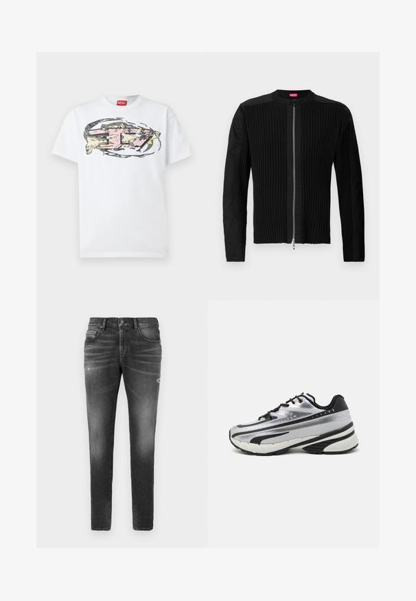 Juodas zip-front švarkas su vertikaliai ryškiu tekstūru ir apvalia apykakle. Minkšta medžiaga, ilgos rankovės ir prigludusi siluetas.; Balta medvilninė marškinėlių su išskirtiniu, abstrakčiu grafiniu dizainu, kuriame dominuoja rožinė, geltona ir pilka spalvos, centre priekyje. Raudonas etiketė ant apykaklės.; Pilki džinsai su siauru kirpimu, turintys šiek tiek išblukimo, nusidėvėjimo detalių ir tradicinį mygtuką. ; Bėgimo bateliai su sidabriniu tinkliniu viršumi, juodais akcentais ir balta padu. Pasižymi tekstūruotu dizainu ir juodais raišteliais. Lengvi ir paminkštinti.