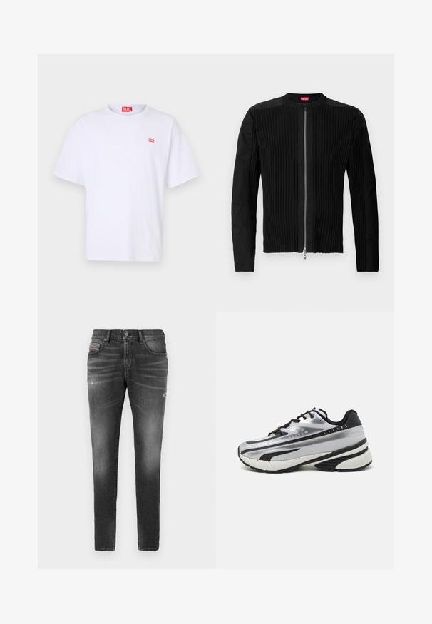 Črna jakna na zadrgo s vertikalno rebrasto teksturo in okroglim izrezom. Mehka tkanina z dolgimi rokavi in prilagojeno silhueto.; Bela bombažna majica s kratkimi rokavi, krožnim izrezom in majhnim rdečim pravokotnim logotipom Diesel na levi prsni strani.; Sivi jeans narejen iz denima, z ozkim krojem, ki ima rahlo abrazirane dele, strgane detajle in tradicionalno gumbno zapiranje.; Tekmovalni čevlji za tek z zgornjim delom iz srebrne mreže, črnimi detajli in belim podplatom. Imajo teksturiran dizajn in črne vezalke. Lahki in oblazinjeni.