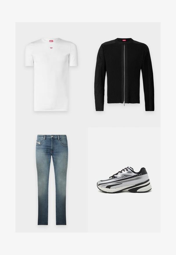 Svart zip-up jacka med vertikalt ribbat mönster och rund halsringning. Mjuk tyg med långa ärmar och en figurnära silhuett.; Vit kortärmad t-shirt, figursydd design, gjord av bomullsmaterial. Har en liten röd "DIESEL"-logotyp på bröstet. Slät textur.; Slim-fit jeans i en blekt blå tvätt, med femficksdesign, metallknappslås och kontrasterande sömmar. Lätt slitna i strukturen.; Löparskor med överdel i silvernät, svarta accenter och vit sula. Har en strukturerad design och svarta skosnören. Lätta och vadderade.