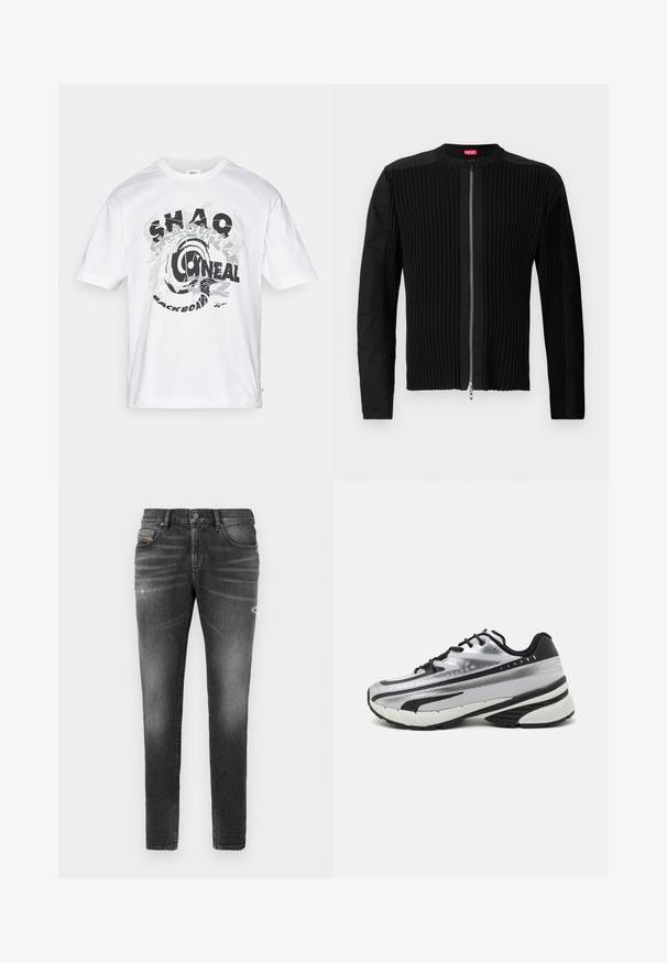 Sort jakke med lynlås foran, der har lodrette ribbede teksturer og en rund halsudskæring. Blødt stof med lange ærmer og en tætsiddende silhuet.; Hvid bomulds t-shirt med rund halsudskæring og korte ærmer. Frontgrafik inkluderer tekst i sort og grå med et cirkulært design.; Grå denimjeans med slim fit, der har let slidte kanter, distressed detaljer og traditionel knaplukning.; Løbesko med en sølvfarvet mesh-overdel, sorte accenter og hvid sål. Har tekstureret design og sorte snørebånd. Let og polstret.