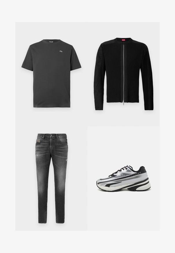 Melnā jaka ar rāvējslēdzēju priekšpusē, kas izceļ vertikālo ribotu tekstūru un apaļu kakla izgriezumu. Mīksts audums, ar garām piedurknēm un pieguļošu siluetu.; Tumši pelēks īsām piedurknēm T-krekls, izgatavots no kokvilnas. Iekļaujapa apaļu dekoltē un nelielu baltu logo kreisajā krūšu daļā.; Pelēki džinsi ar šauru piegriezumu, ar nelielu nodilumu, izsistām detaļām un tradicionālu pogu aizdari.; Skriešanas apavi ar sudraba acs augšdaļu, melniem akcentiem un baltu zolīti. Iezīmējas ar teksturētu dizainu un melnām auklām. Vieglie un mīkstie.