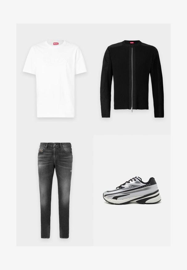 Černá bunda na zip vpředu s vertikálním žebrováním a kulatým výstřihem. Měkká látka s dlouhými rukávy a přiléhavým střihem.; Bílé tričko s krátkým rukávem a kulatým výstřihem s vyraženým oválným logem na hrudi a červenou značkou Diesel uvnitř límce.; Šedé denimové džíny s úzkým střihem, představující mírné rozedření, opotřebované detaily a tradiční zapínání na knoflík.; Běžecká obuv s vrchní částí z stříbrné síťoviny, černými akcenty a bílou podrážkou. Disponuje texturovaným vzorem a černými tkaničkami. Lehká a odpružená.