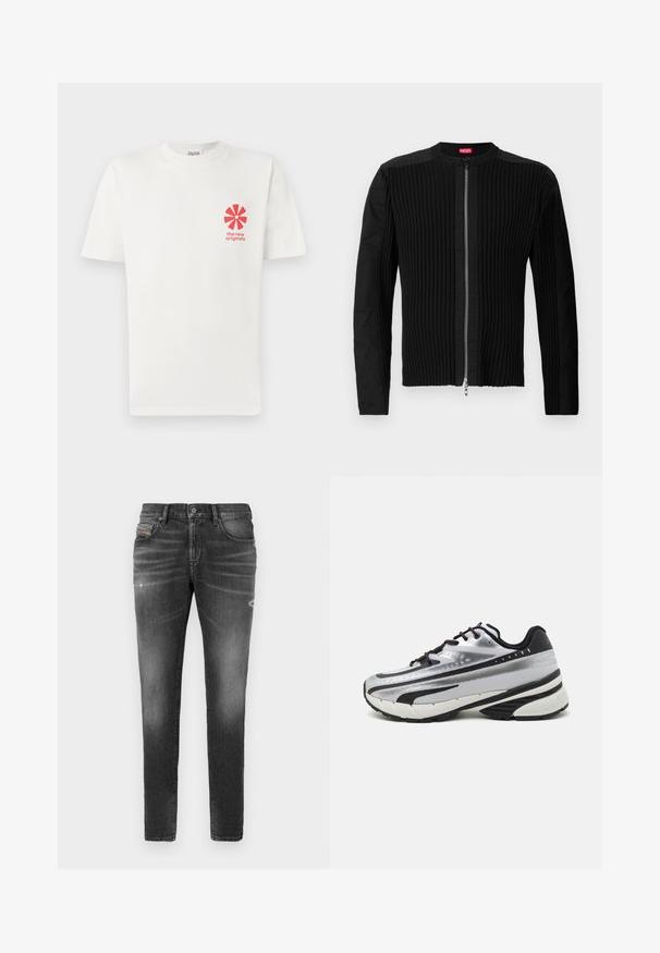 Melnā jaka ar rāvējslēdzēju priekšpusē, kas izceļ vertikālo ribotu tekstūru un apaļu kakla izgriezumu. Mīksts audums, ar garām piedurknēm un pieguļošu siluetu.; Baltas kokvilnas T-krekls ar sarkanu grafisku ziedu dizainu uz kreisā krūškurvja un tekstu "jaunās oriģinālas" zem tā. Īsas piedurknes, apaļš kakla izgriezums.; Pelēki džinsi ar šauru piegriezumu, ar nelielu nodilumu, izsistām detaļām un tradicionālu pogu aizdari.; Skriešanas apavi ar sudraba acs augšdaļu, melniem akcentiem un baltu zolīti. Iezīmējas ar teksturētu dizainu un melnām auklām. Vieglie un mīkstie.