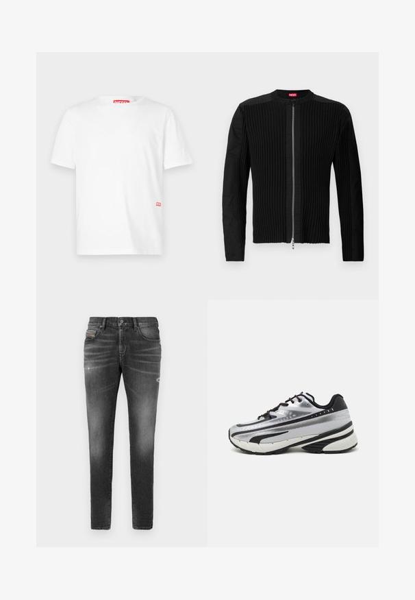 Juodas zip-front švarkas su vertikaliai ryškiu tekstūru ir apvalia apykakle. Minkšta medžiaga, ilgos rankovės ir prigludusi siluetas.; Balta trumpomis rankovėmis marškinėliai pagaminti iš medvilnės, su apvalia iškirpte ir mažuoju raudonu "Diesel" logo arti apatinio krašto kairėje pusėje.; Pilki džinsai su siauru kirpimu, turintys šiek tiek išblukimo, nusidėvėjimo detalių ir tradicinį mygtuką. ; Bėgimo bateliai su sidabriniu tinkliniu viršumi, juodais akcentais ir balta padu. Pasižymi tekstūruotu dizainu ir juodais raišteliais. Lengvi ir paminkštinti.