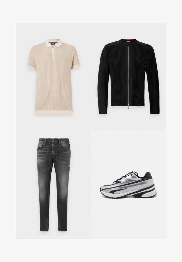 Sort jakke med lynlås foran, der har lodrette ribbede teksturer og en rund halsudskæring. Blødt stof med lange ærmer og en tætsiddende silhuet.; Beige kortærmet polo skjorte med ribbet tekstur, lynlås krave og kontrastfarvet kant langs ærmerne og kanten. Diskret logo detalje.; Grå denimjeans med slim fit, der har let slidte kanter, distressed detaljer og traditionel knaplukning.; Løbesko med en sølvfarvet mesh-overdel, sorte accenter og hvid sål. Har tekstureret design og sorte snørebånd. Let og polstret.