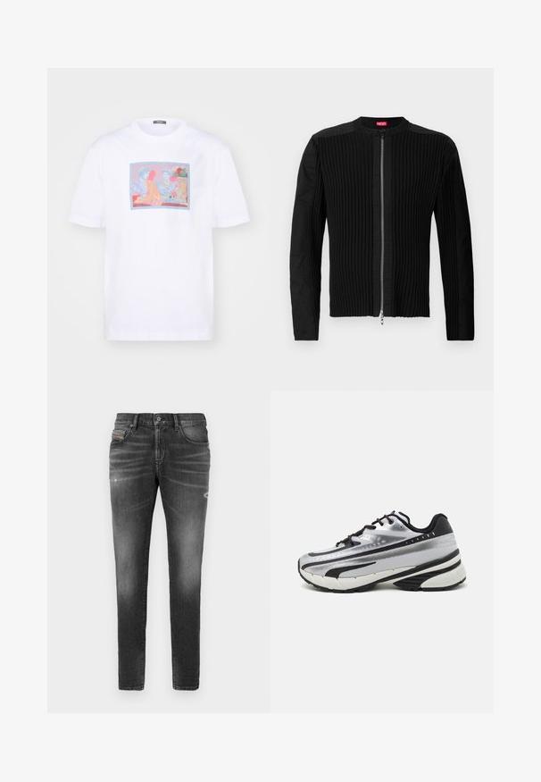 Juodas zip-front švarkas su vertikaliai ryškiu tekstūru ir apvalia apykakle. Minkšta medžiaga, ilgos rankovės ir prigludusi siluetas.; Balta medvilninė marškinėliai su spalvinga grafiką vaizduojančia figūras ir liūtą rožiniame ir mėlyname fone, įrėmintoje stačiakampyje.; Pilki džinsai su siauru kirpimu, turintys šiek tiek išblukimo, nusidėvėjimo detalių ir tradicinį mygtuką. ; Bėgimo bateliai su sidabriniu tinkliniu viršumi, juodais akcentais ir balta padu. Pasižymi tekstūruotu dizainu ir juodais raišteliais. Lengvi ir paminkštinti.