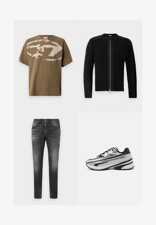 Juodas zip-front švarkas su vertikaliai ryškiu tekstūru ir apvalia apykakle. Minkšta medžiaga, ilgos rankovės ir prigludusi siluetas.; Rudas medvilnės marškinėliai su dideliu, išblukusiu baltu logotipu priekyje. Trumpomis rankovėmis ir apvaliu kaklu. Raudona etiketė kaklo srityje.; Pilki džinsai su siauru kirpimu, turintys šiek tiek išblukimo, nusidėvėjimo detalių ir tradicinį mygtuką. ; Bėgimo bateliai su sidabriniu tinkliniu viršumi, juodais akcentais ir balta padu. Pasižymi tekstūruotu dizainu ir juodais raišteliais. Lengvi ir paminkštinti.