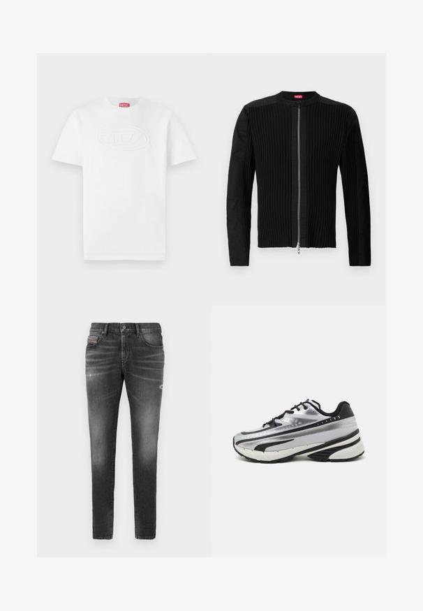 Μαύρο σακάκι με φερμουάρ μπροστά, διακοσμημένο με κατακόρυφη ραφή και στρογγυλή λαιμόκοψη. Μαλακό ύφασμα με μακριά μανίκια και εφαρμοστή γραμμή.; Λευκό κοντομάνικο μπλουζάκι από βαμβάκι, με ανάγλυφο, τονικό λογότυπο σε οβάλ σχήμα στο κέντρο και κόκκινη ετικέτα στο λαιμό.; Γκρίζες τζην ψηλόμεσες με στενή εφαρμογή, διαθέτοντας ελαφριές φθορές, καταστροφικές λεπτομέρειες και παραδοσιακή κουμπότρυπα.; Αθλητικό παπούτσι τρεξίματος με ασημί πλέγμα επάνω, μαύρες λεπτομέρειες και λευκή σόλα. Διαθέτει υφή στο σχέδιο και μαύρες κορδόνες. Ελαφρύ και με ενίσχυση.